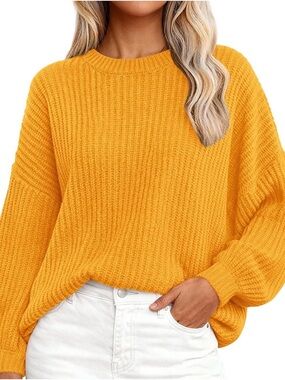 PrettyGarden Mustard Yellow Ribbed Crewneck Sweater Large Women's Cozy Knit NWT